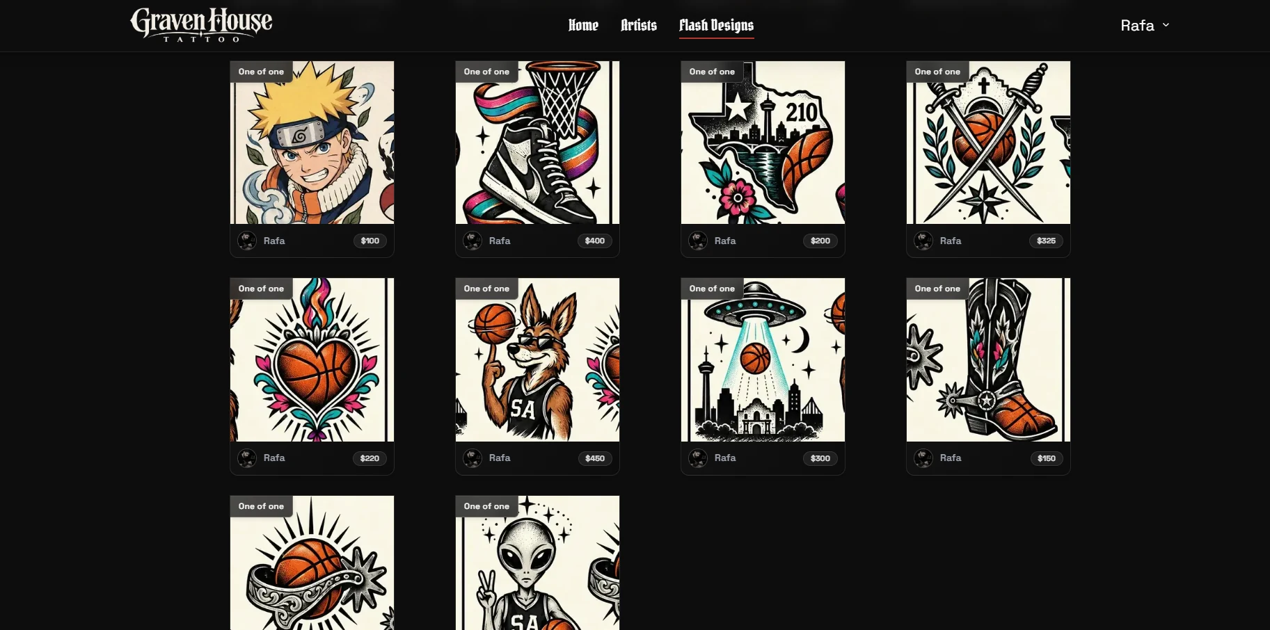 Graven House demo studio’s flash collection, with artist attribution, prices, and one-of-one designs